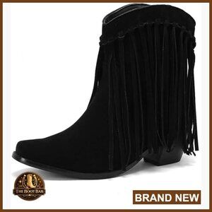 Fringe Ankle Cowboy Boots Pull On Western Tassel Booties Square Toe